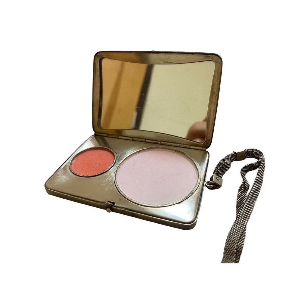 Vintage ArtDeco Nickel Silver Wristlet Compact with Mirror and Mesh Bracelet